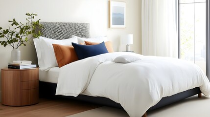 Aufkleber - Cozy and sophisticated modern bedroom design featuring a statement headboard matching side tables and linens for a relaxing and tranquil living space