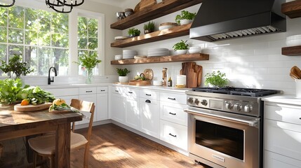 Aufkleber - Cozy and Inviting Farmhouse Style Kitchen with Open Shelves Rustic Decor and White Cabinetry  Warm and Welcoming Interior Design for Cooking and Dining