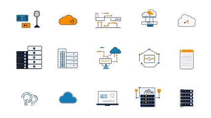 Fototapete - A collection of web hosting and cloud computing icons depicted in a clean linear design style  The symbols represent various elements of digital infrastructure data exchange