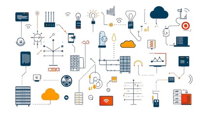 Fototapete - Set of Minimal Line Icons Representing Web Hosting Cloud Computing and Data Exchange Services with Server Symbols on a White Background