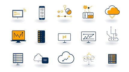 Fototapete - Collection of various web hosting and cloud computing related line art icons including webspace website and data exchange symbols displayed on a clean white background