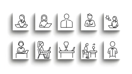 Leinwandbilder - Collection of Meeting Icons in Line Style Featuring Conference Team Discussion and Interview Symbols on a White Background  of Business Strategy Planning Concepts
