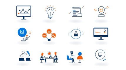 Poster - Set of line style icons representing various elements and symbols related to live meetings including conference work team and discussion themes