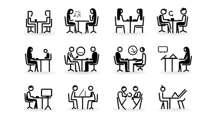 Poster - Collection of meeting icons in line style featuring various conference team discussion and interview symbols on a white background representing business organization