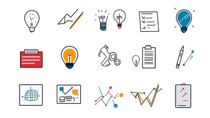 Poster - Set of line style icons for live webinar business meeting classroom and conference on white background  Symbols represent digital presentation training learning and education concepts