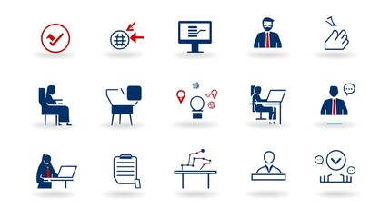 Leinwandbilder - Collection of line style icons representing various elements of live webinars including business meeting team discussion and interview symbols set against a clean white background
