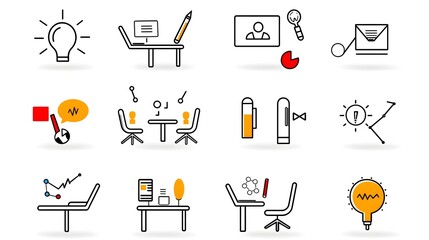 Leinwandbilder - A collection of simple line style icons representing various elements of business meetings webinars and team on a clean white background for a modern and minimalist aesthetic
