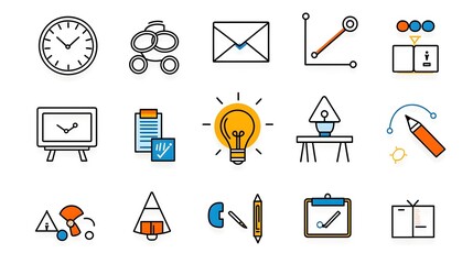 Leinwandbilder - Set of line art meeting and icons in a minimalist style depicting symbols for conference classroom team and work scenarios on a clean white background  Ideal for business presentations