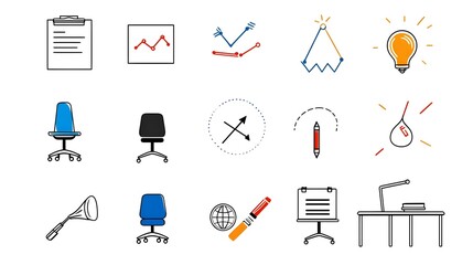 Leinwandbilder - Minimal line style icons featuring various meeting and conference symbols such as classroom discussion presentation teamwork on a clean white background  Concept of