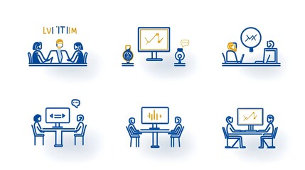 Leinwandbilder - Collection of live webinar icons in line style featuring business meeting team and work symbols on a white background representing online communication digital strategy and professional productivity