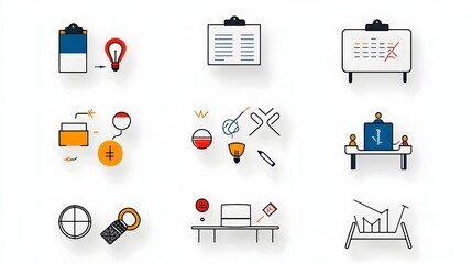 Aufkleber - A collection of minimalist line icons representing various elements of conferences meetings and team icons for classroom settings group discussions and workplace activities