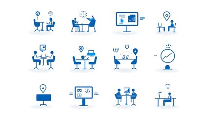 Leinwandbilder - Simple line icon set depicting symbols for live webinar business meeting conference and team discussion on a clean white background  Representing digital corporate productivity
