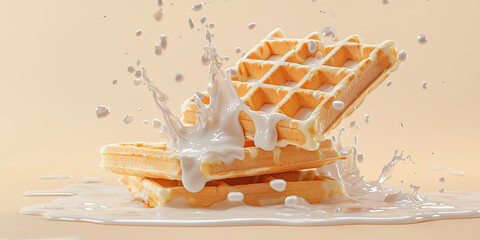 Waffles with milk splashed on a beige background, generative AI