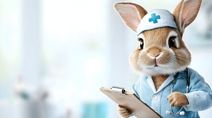 Poster - Charming of a playful rabbit character wearing a nurse s uniform including a small cap and holding a clipboard depicted in a gentle watercolor painting style on a white background