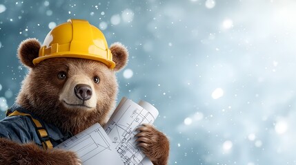 Aufkleber - A captivating watercolor painting depicting a bear wearing a yellow hard hat and holding architectural blueprints symbolizing the industrious and innovative nature of the animal kingdom