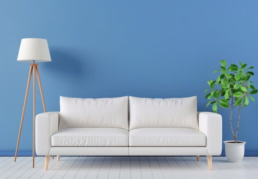 Minimalist living room interior design with a white sofa, floor lamp, and a plant against a blue wall