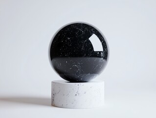 Poster - A reflective black sphere set on a textured white pedestal against a minimalist white background, showcasing modern design and elegance.