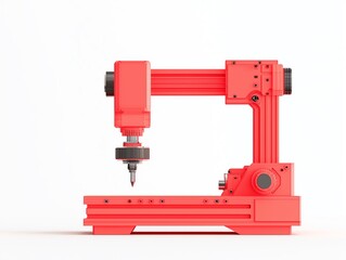 Aufkleber - Red industrial robotic arm on a white isolated background, designed for precision tasks in manufacturing and automation, showcasing advanced technology and engineering.
