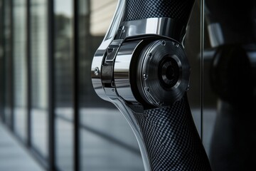 Poster - A detailed view of a modern prosthetic leg reveals the sophisticated design featuring metal and carbon fiber elements in a contemporary setting. Generative AI