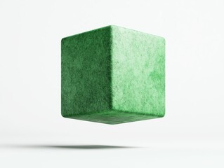 A 3D rendering of a textured green cube, floating against a white isolated background, ideal for modern design concepts and creative projects.