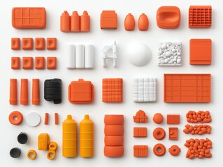 Aufkleber - A collection of orange and white geometric shapes and objects arranged neatly on a white background, ideal for design, creativity, and visual inspiration.