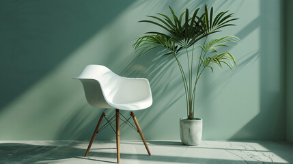 Wall Mural - Modern white chair and potted plant in a minimalist room with soft natural light