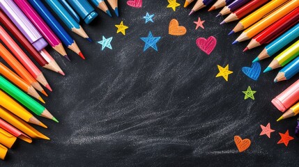 Poster - Colorful Art Supplies on Chalkboard Background