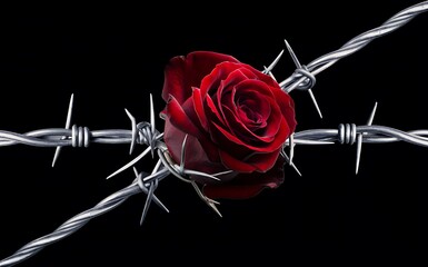 A single red rose caught in barbed wire against a black background.