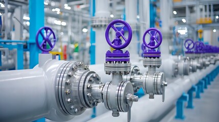 A detailed view of industrial piping with vibrant purple valves, showcasing modern engineering in a clean, well-lit facility.