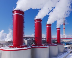 A panoramic view of industrial smokestacks emitting steam against a bright blue sky, highlighting a power plant's operational capacity.