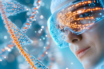 Poster - illustration of digital DNA strands and data icons hovering around a scientist wearing VR goggles, symbolizing biotechnology and futuristic research. Neon blue and orange accents.