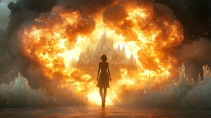 Wall Mural - A woman walks towards a fiery explosion revealing a crystal city behind it.