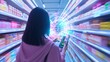 © Chaikit - Woman buying products in food aisle, epicurean adventure unfolding, Surreal product placement, gravity-defying groceries, time-dilated decision-making moment, Holographic nutritional info swirling,