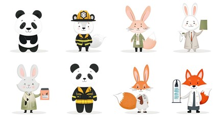 Poster - Diverse collection of adorable animal characters including a panda firefighter a rabbit teacher and a fox scientist displayed in a on a simple white background