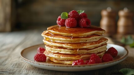 Wall Mural - A stack of pancakes topped with fresh berries and drizzled in syrup.