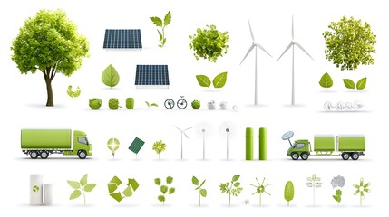 Poster - Collection of eco friendly energy icons including solar power wind energy and sustainable transportation on a white background showcasing clean green