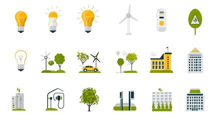 Poster - Sustainable energy efficient icons featuring electric vehicle charging stations light bulbs and green buildings on a clean white background