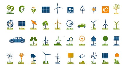Poster - Eco Friendly Energy Icons and Symbols Collection Featuring Solar Power Wind Turbines Electric Vehicles and Other Sustainable Technology on a White Background  Renewable