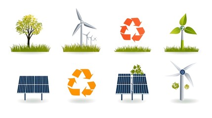 Poster - Infographic Icons Depicting Renewable Energy Sources Such as Wind Power and Solar Panels with Recycling Symbols on a Clean White Background