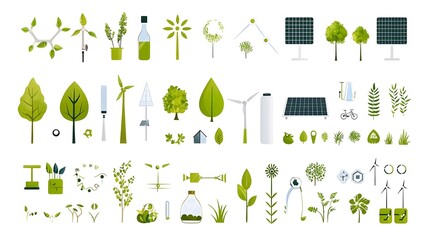 Poster - Comprehensive collection of renewable energy and eco friendly technology icons including solar panels wind turbines and other sustainable energy symbols on a clean white background