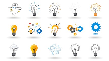 Poster - This image features a collection of icons and symbols representing brainstorming ideation and creative solutions  The lightbulbs gears and other abstract elements are arranged on a clean
