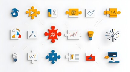 Poster - Infographic icons illustrating innovative problem solving strategies with symbols of puzzles ideas and on a clean white background  Conceptual diagram highlighting business efficiency workflow