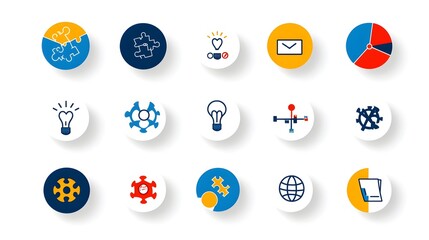 Leinwandbilder - Infographic Icons Illustrating Innovative Problem Solving with Symbols of Puzzles Ideas and on a White Background  Showcasing Teamwork Strategy and Creative Thinking for Business Marketing