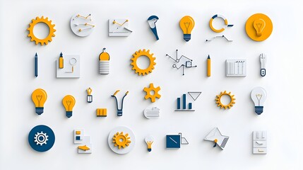 Aufkleber - Collection of creative icons representing brainstorming problem solving and innovative business solutions on a minimalist white background  Includes symbols such as lightbulbs gears