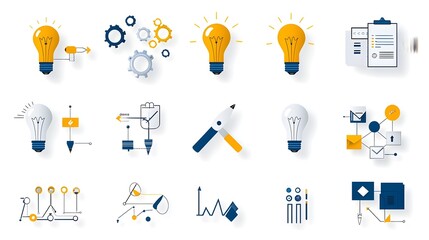 Aufkleber - Lightbulb icons and symbols of creative tools on a white background representing forward thinking solutions and innovative strategies