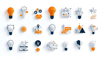 Poster - A set of iconic symbols and graphics representing breakthrough ideas innovation creative strategies and collaborative thinking on a simple minimalist white background