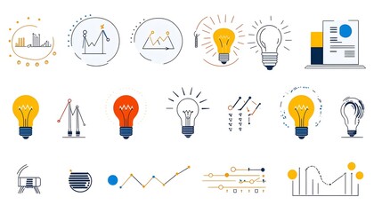 Poster - Collection of illustrative icons showcasing various elements of innovation including lightbulbs thought bubbles and teamwork symbols all set against a clean white background