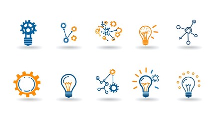 Leinwandbilder - Conceptual of creative solution icons featuring symbols such as gears pathways and lightbulb ideas on a clean white background representing innovation strategy