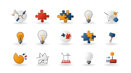 Poster - Vibrant collection of icons symbolizing teamwork creative problem solving and innovative business solutions on a clean white background  Conceptual graphic elements representing strategy intelligence