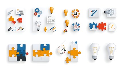 Leinwandbilder - Puzzle Pieces Lightbulbs and Depicting Creative Solutions for Business Technology and Innovation Concepts